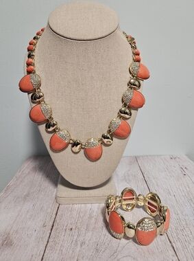 Gold & Coral Statement Necklace and Bracelet Set - Women Jewelry